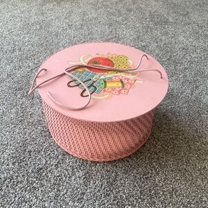 Vintage 1940s Pink Princess Sewing basket. Woven, round, sewing box / basket
